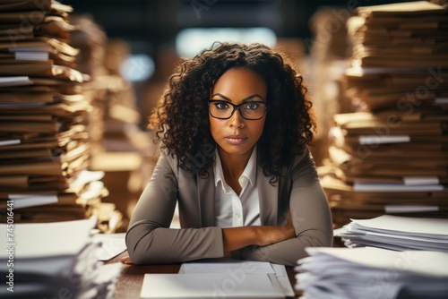 Stressed afro american office manager feeling overwhelmed by paperwork in bright workspace