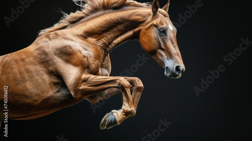 Horse jump on a black background. Flying animal. Beautiful muscles