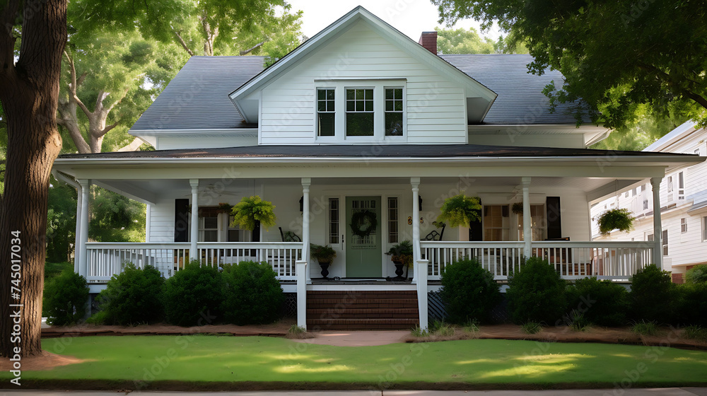 A suburban home with traditional shutters and a wrap-around porch with rocking chairs.