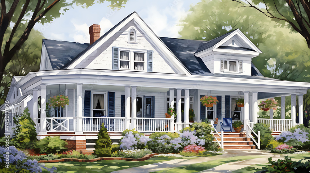 A suburban home with traditional shutters and a wrap-around porch with rocking chairs.