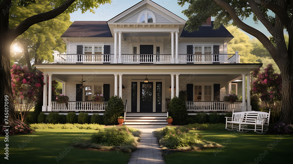 A suburban home with traditional shutters and a wrap-around porch with rocking chairs.