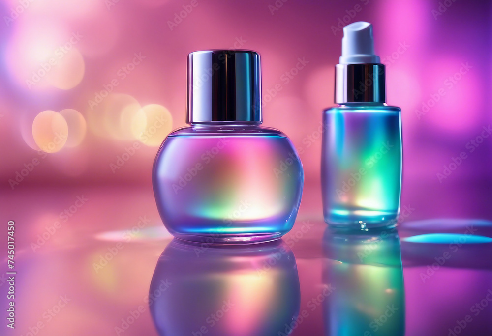 Cosmetic product bottle with iridescent highlights on holographic background Skincare beauty product Cosmetic product bottle with iridescent highlights on holographic background Skincare beauty product