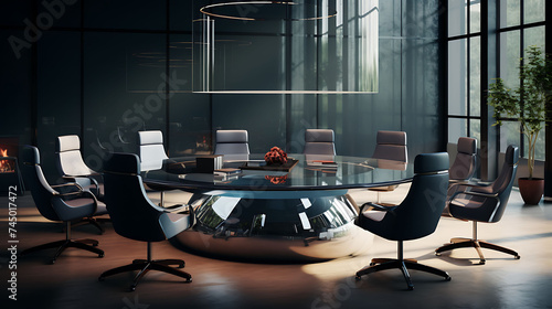 A visualization of an executive meeting room with a glass oval table and leather chairs.