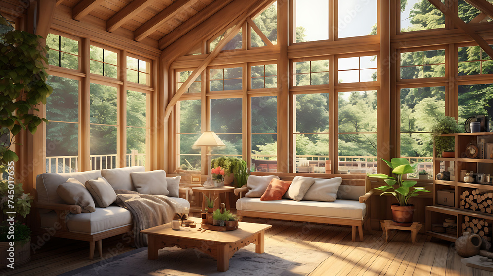 A visualization of a cozy home interior with wooden framed windows and doors.