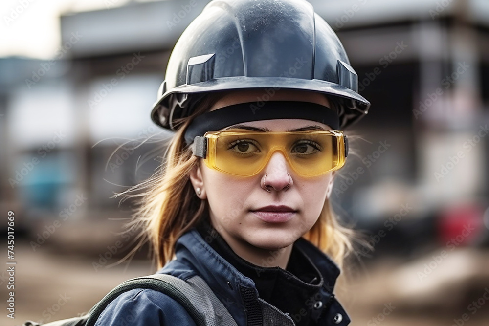 Portrait of a female engineer wearing a construction helmet at a construction site.