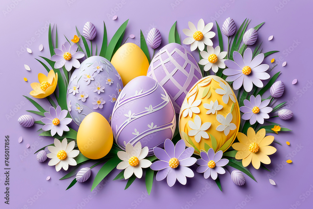 Paper cut style easter background with colorful flowers and Easter eggs in soft lavender and yellow colors.