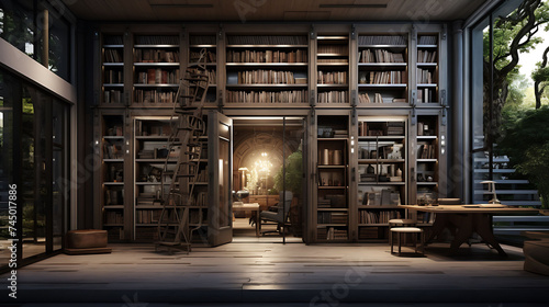 A visualization of a home library with built-in bookshelves and a hidden door. photo
