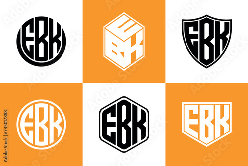 EBK initial letter geometric shape icon logo design vector. monogram, letter mark, circle, polygon, shield, symbol, emblem, elegant, abstract, wordmark, sign, art, typography, icon, geometric, shape