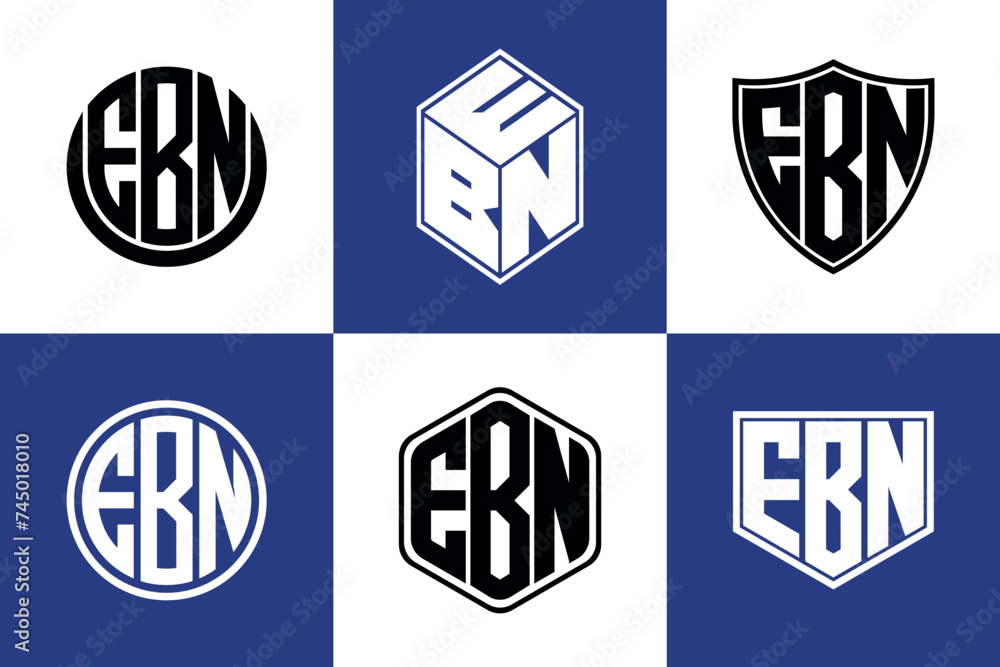 EBN initial letter geometric shape icon logo design vector. monogram, letter mark, circle, polygon, shield, symbol, emblem, elegant, abstract, wordmark, sign, art, typography, icon, geometric, shape