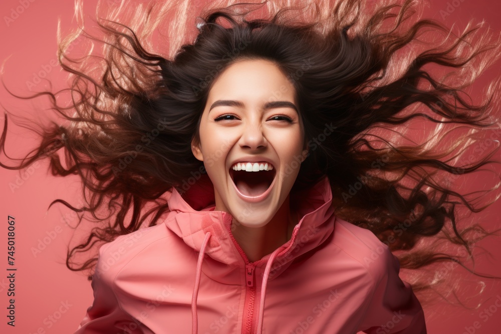 Happy asian woman in pink attire. Lifestyle concept with mockup space for design
