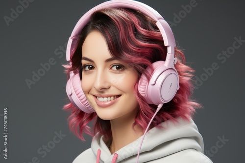 Face of a cheerful young girl with short red hair in white trowel listens music in pink headphones photo