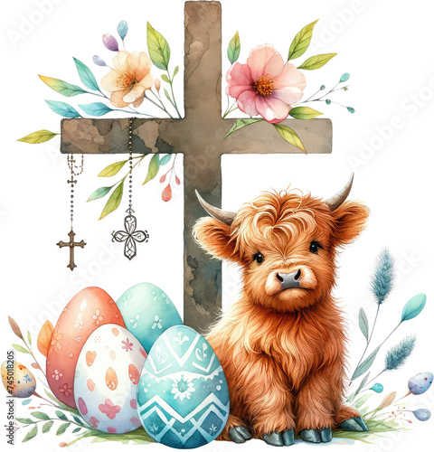 Easter Cross Clipart in Watercolor - Spring Religious Art for Seasonal Celebration. Spring Easter Watercolor Easter Cross Clipart - Handmade Highland Cow & Floral Decorations. Vintage Springtime.