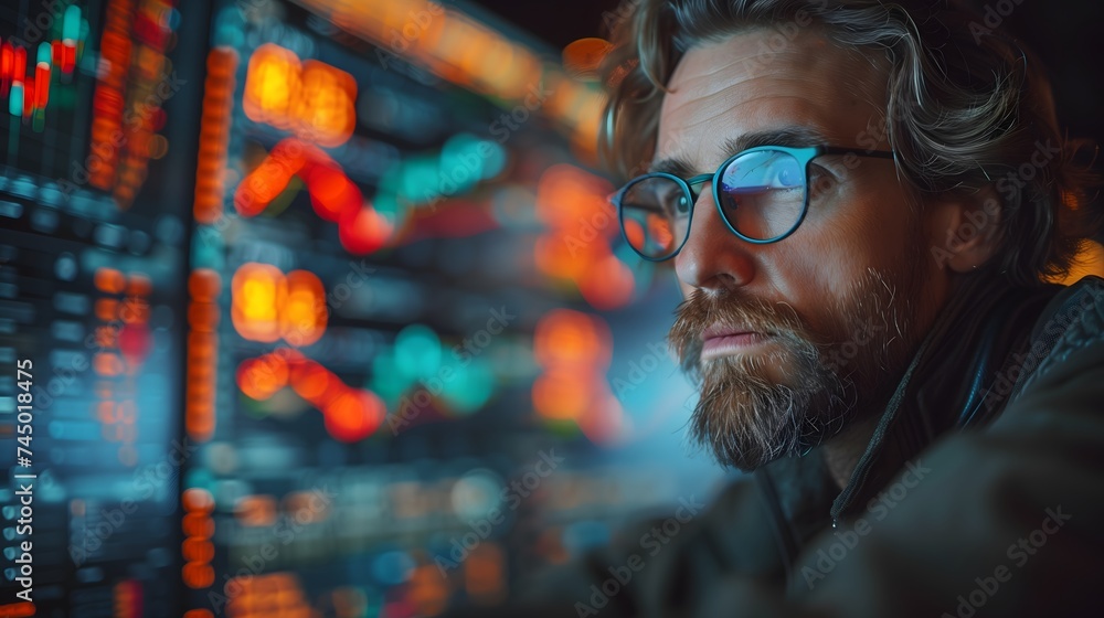 A finance trade manager analyzes stock market indicators to develop the best investment strategy, using financial data and charts A finance trade manager analyzes stock market indicators to develop the best investment strategy, using financial data and charts