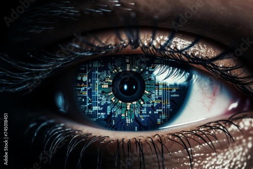 Close-up of eye. display concept and ai technology inside, innovative ocular tech trends