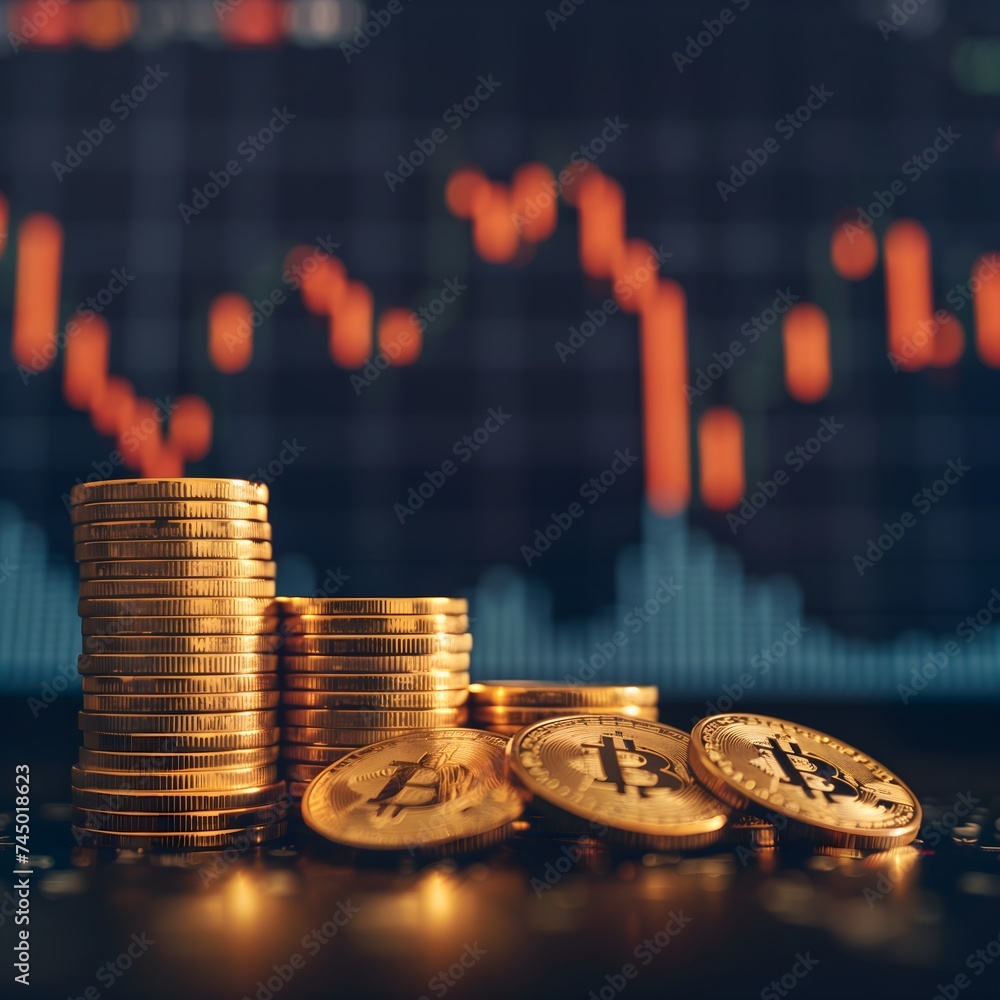 Golden Bitcoins are stacked in front of a stock market graph on a dark background Golden Bitcoins are stacked in front of a stock market graph on a dark background