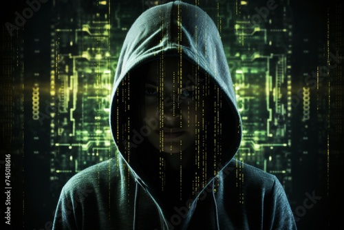 Hooded hacker controlling matrix of numbers - cybersecurity and technology virus concept