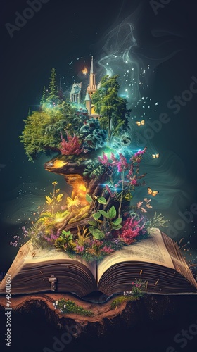 Happy World book day. Fantasy and literature concept. 3D style Illustration of magical book with fantasy stories inside it. The concept for World Book Day background with copy space area for text.