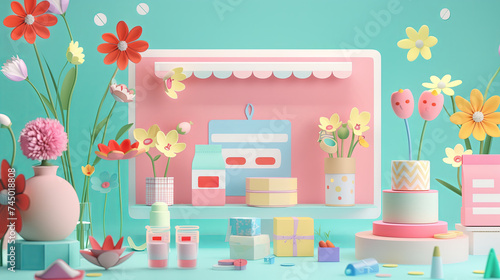 The vibrant homepage of an online retail website, bursting with spring-themed graphics and promotions. The screen displays a digital collage of pastel colors, blooming flowers, and products on sale.