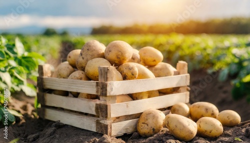 Fresh potatoes in a wooden box in a field. Harvesting organic potatoes. 