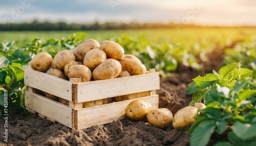 Fresh potatoes in a wooden box in a field. Harvesting organic potatoes.  © wiizii