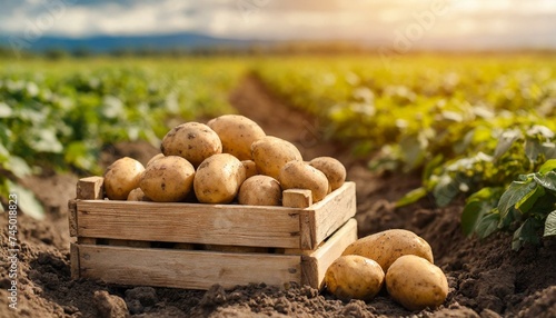 Fresh potatoes in a wooden box in a field. Harvesting organic potatoes.  © wiizii