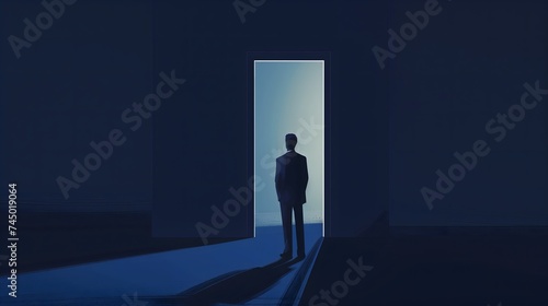 Businessman standing in the dark room and looking at light coming out of the door