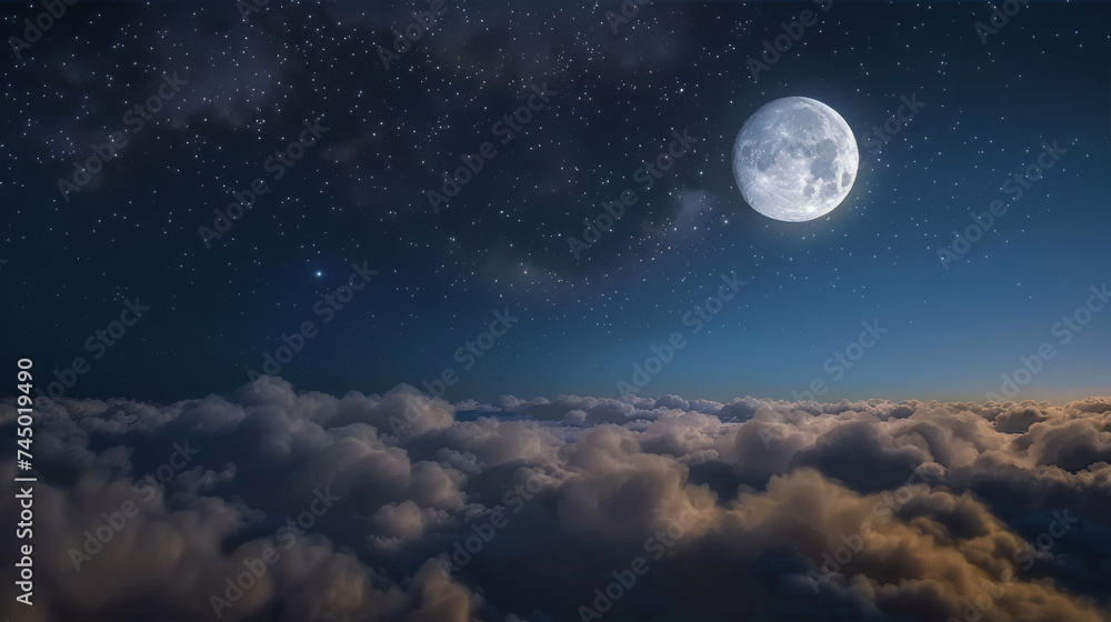 A mesmerizing glowing moon over a beautiful cloudscape in the night