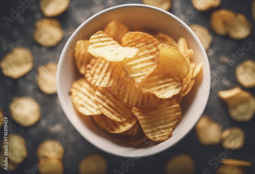 Crispy potato chips with a bowl top view tinted