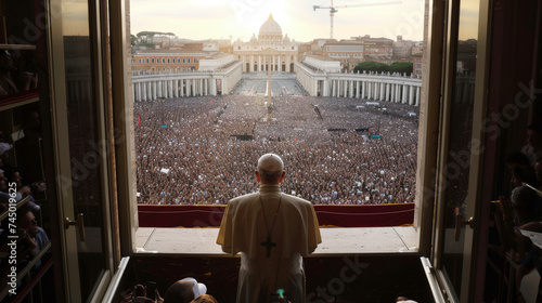 The pope standing before a big people crowd, backview