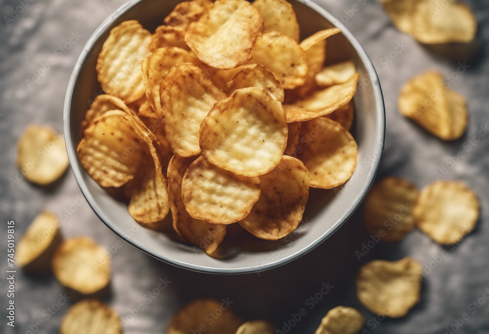 Crispy potato chips with a bowl top view tinted Crispy potato chips with a bowl top view tinted