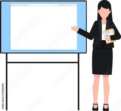 Business woman speaker presenting or teaching pose in front of a projector screen for message, Digital screen presentation by computer.