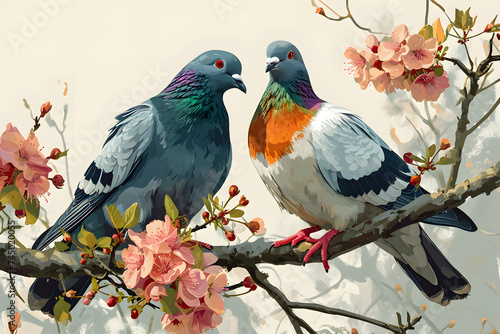 Illustration of a Pair of Pigeons Perched on a Branch