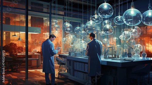 illustration of medical science pharmaceutical research, showcasing a meticulously designed visualization of laboratory settings, experimental setups, and innovative drug development photo
