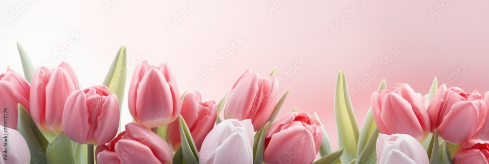 Spring flowers, pink background. Blooming tulips on light. Sunburst and bokeh over a blurred banner, header or billboard. Mother's day, wedding, summer and spring.banner