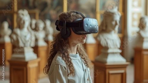 Woman experiencing virtual reality in a museum setting, blending ancient art with modern technology for an immersive educational journey