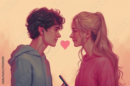 Illustration of a young couple in love, sharing a romantic moment with a heart symbol, capturing the beauty of emotional connection