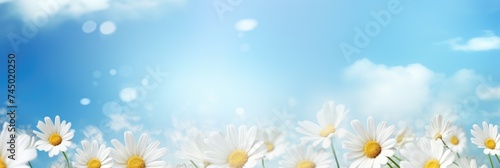 Natural summer background with chamomile flowers. Beautiful landscape of flowers meadow on a sunny day with selective focus. Widescreen scenic wallpaper or banner with copy space.