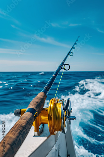 A fishing rod and reel on the side of a boat, with a blue sea in the background