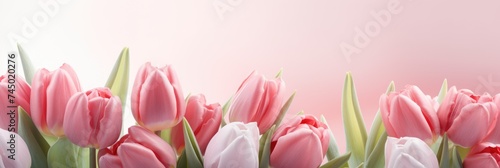 Spring flowers  pink background. Blooming tulips on light. Sunburst and bokeh over a blurred banner  header or billboard. Mother s day  wedding  summer and spring.banner