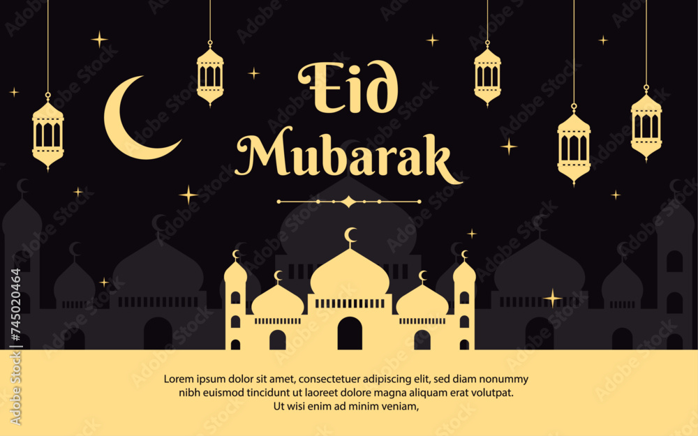 Eid Mubarak greetings banner background. Mosque, and lantern illustrations. Islamic design for websites, pages, banners, business, and others