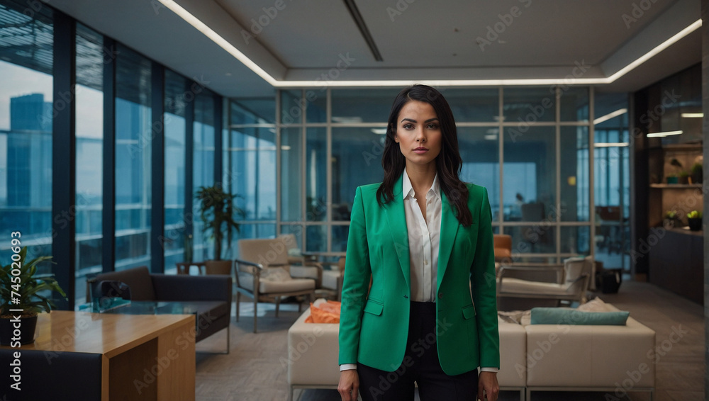 Businesswoman in the center of the image, radiating confidence and charm. generative AI Businesswoman in the center of the image, radiating confidence and charm. generative AI