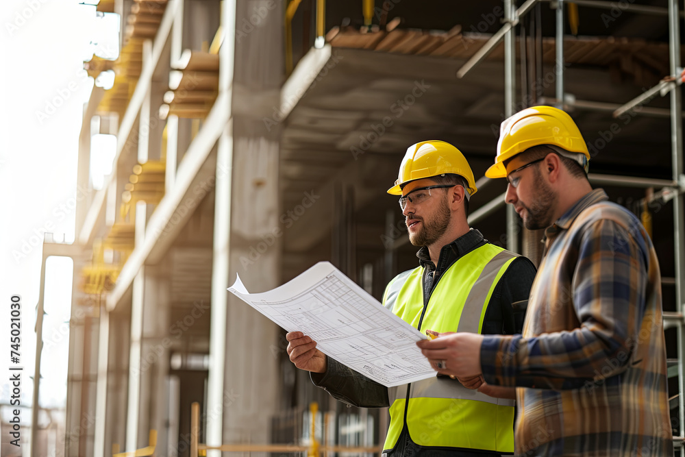 A construction site worker and engineer discussing a blueprint project A construction site worker and engineer discussing a blueprint project