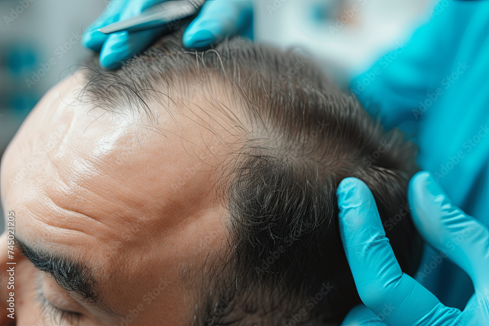 A man with a hairless head during a hair transplant procedure A man with a hairless head during a hair transplant procedure