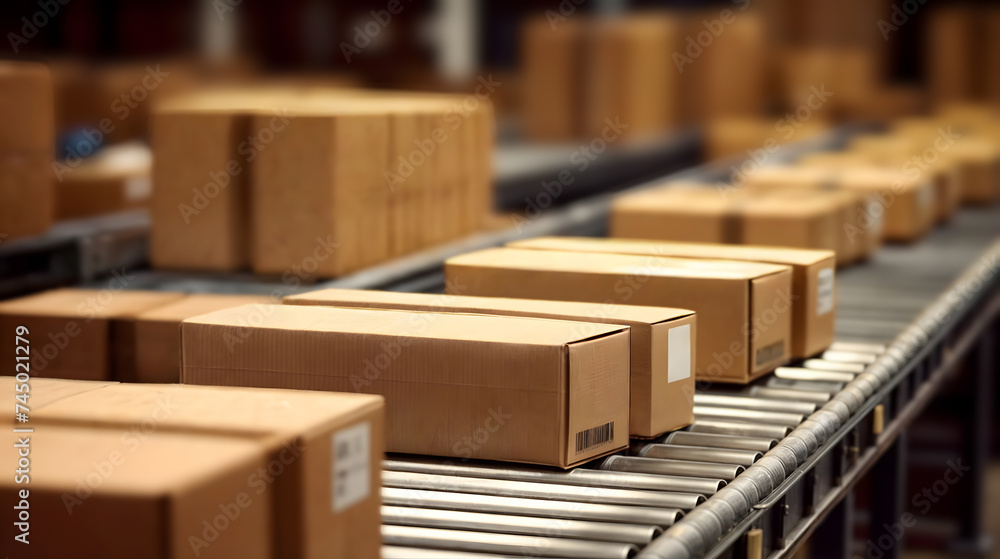 Cardboard boxes and packages move on an autonomous conveyor belt. Generative AI Cardboard boxes and packages move on an autonomous conveyor belt. Generative AI