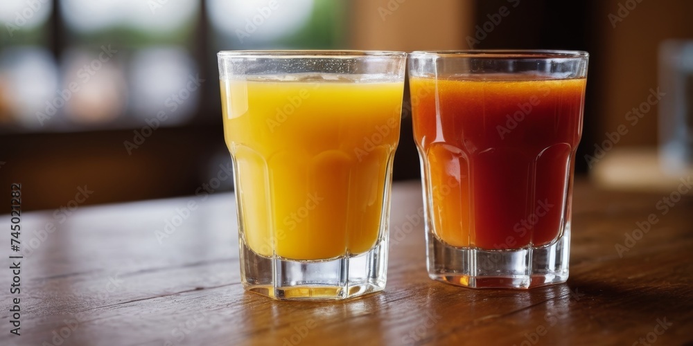 Two glasses of juice on wooden table Two glasses of juice on wooden table