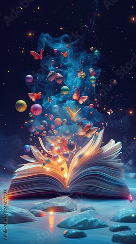 Fantasy and literature concept. 3D style Illustration of magical book with fantasy stories inside it. The concept for World Book Day background with copy space area for text. Happy World book day. 
