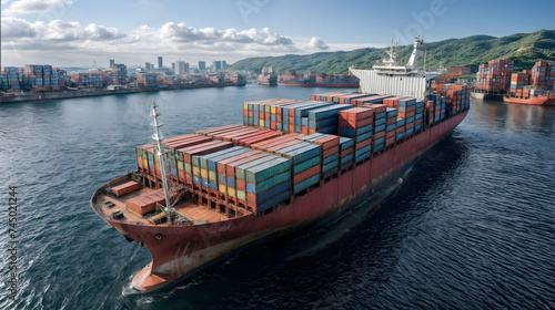 A container cargo ship in the harbor, global business logistics. Generative AI