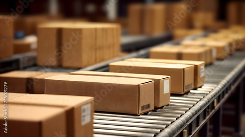 Cardboard boxes and packages move on an autonomous conveyor belt. Generative AI