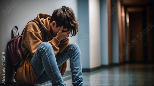 A depressed teenage boy sitting in school corridor and crying. Generative AI photo