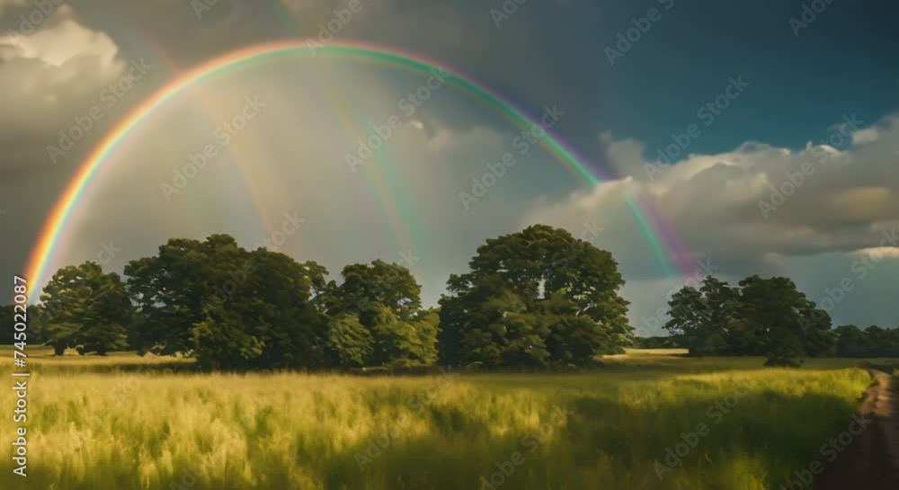 Rainbow over a field, green spring landscape with a colorful rainbow and sun rays breaking through the clouds. Summer background with dark blue sky. Horizontal video with space for text. Rainbow over a field, green spring landscape with a colorful rainbow and sun rays breaking through the clouds. Summer background with dark blue sky. Horizontal video with space for text.